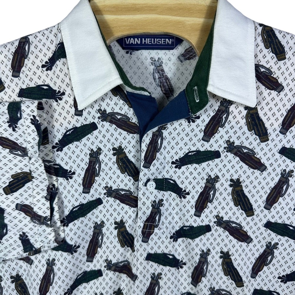 VINTAGE Van Heusen Polo Shirt Men Large White Golf Bag Print Short Sleeve Preppy